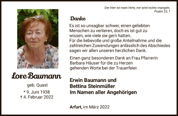 Traueranzeige von Lore Baumann von FNP