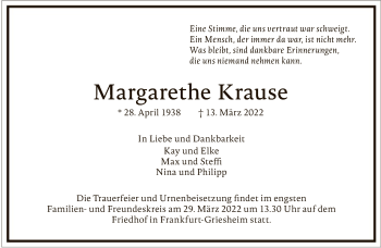 Traueranzeige von Margarethe Krause von FNP