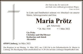 Traueranzeige von Maria Prötz von FNP