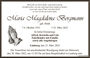 Traueranzeige von Maria Magdalena Bergmann von FNP