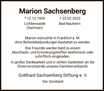 Traueranzeige von Marion Sachsenberg von FNP