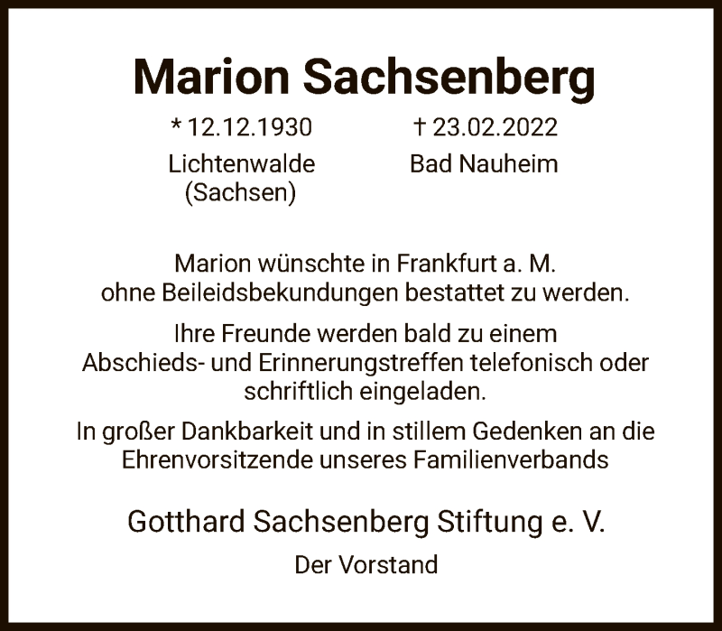  Traueranzeige für Marion Sachsenberg vom 12.03.2022 aus FNP