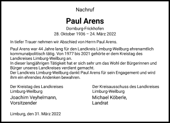 Traueranzeige von Paul Arens von FNP