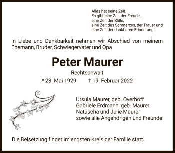 Traueranzeige von Peter Maurer von FNP