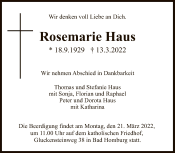 Traueranzeige von Rosemarie Haus von FNP