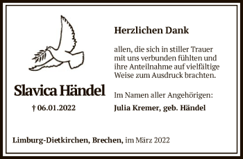 Traueranzeige von Slavica Händel von FNP