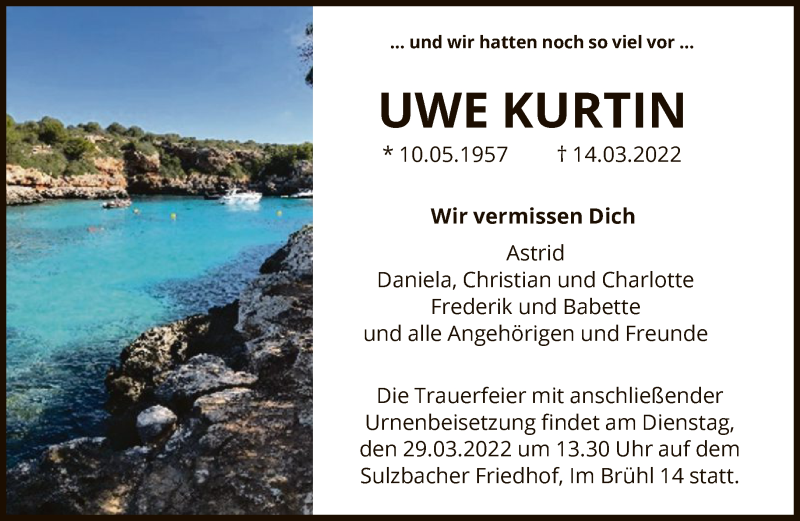  Traueranzeige für Uwe Kurtin vom 25.03.2022 aus FNP