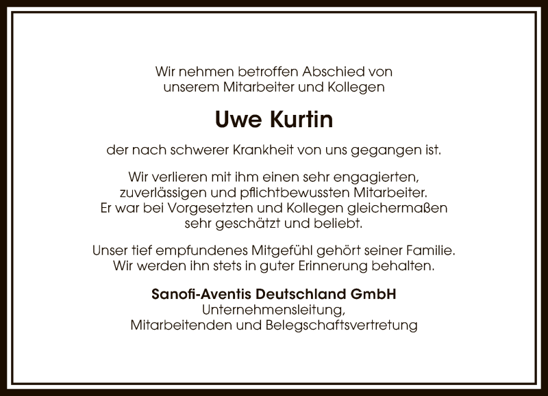  Traueranzeige für Uwe Kurtin vom 25.03.2022 aus FNP