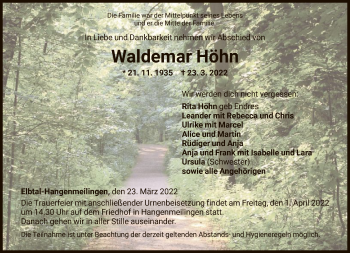 Traueranzeige von Waldemar Höhn von FNP