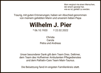 Traueranzeige von Wilhelm J. Pier von FNP