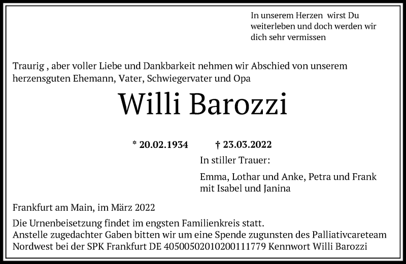  Traueranzeige für Willi Barozzi vom 30.03.2022 aus FNP