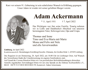 Traueranzeige von Adam Ackermann von FNP