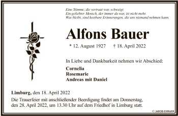 Traueranzeige von Alfons Bauer von FNP