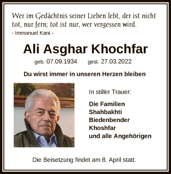 Traueranzeige von Ali Asghar Khochfar von FNP