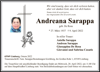 Traueranzeige von Andreana Sarappa von FNP