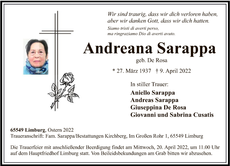  Traueranzeige für Andreana Sarappa vom 16.04.2022 aus FNP