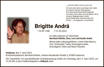 Traueranzeige von Brigitte Andrä von FNP