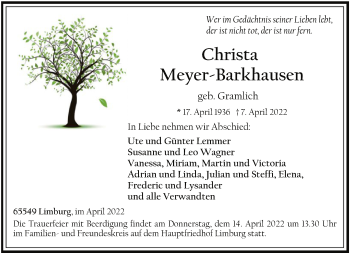 Traueranzeige von Christa Meyer-Barkhausen von FNP