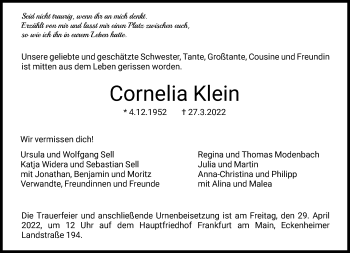 Traueranzeige von Cornelia Klein von FNP