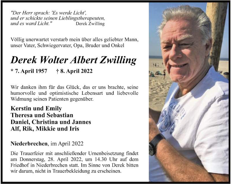  Traueranzeige für Derek Wolter Albert Zwilling vom 23.04.2022 aus FNP