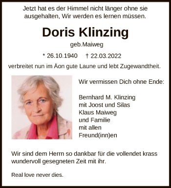 Traueranzeige von Doris Klinzing von FNP