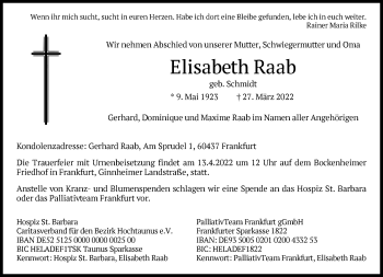 Traueranzeige von Elisabeth Raab von FNP