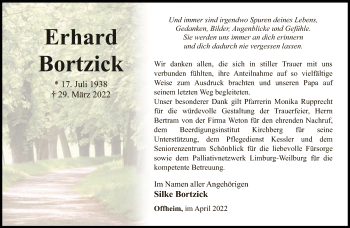 Traueranzeige von Erhard Bortzick von FNP