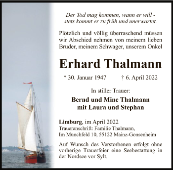 Traueranzeige von Erhard Thalmann von FNP