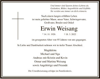 Traueranzeige von Erwin Weisang von FNP