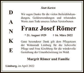 Traueranzeige von Franz Römer von FNP