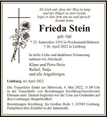 Traueranzeige von Frieda Stein von FNP