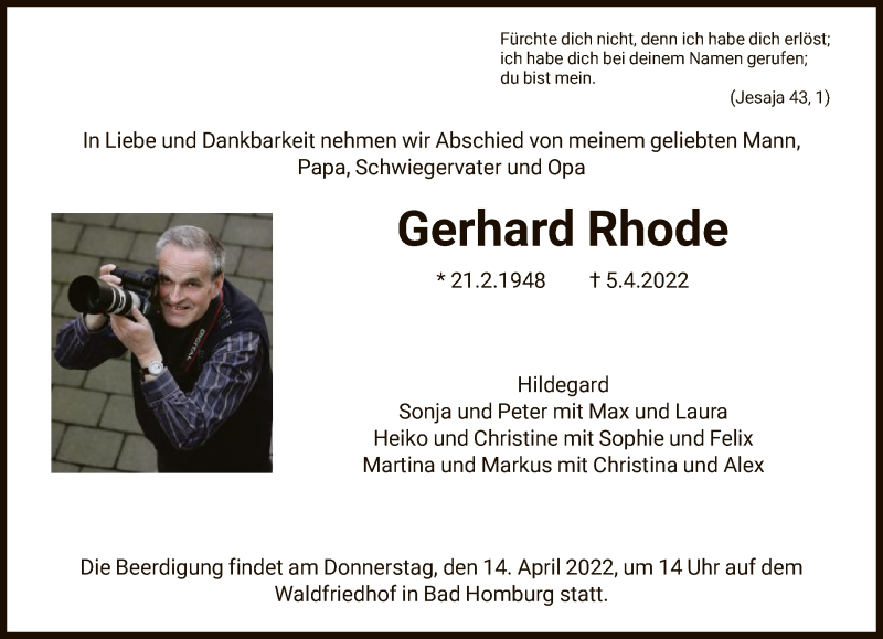  Traueranzeige für Gerhard Rhode vom 09.04.2022 aus FNP