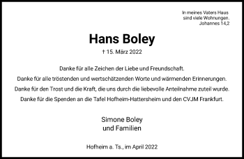 Traueranzeige von Hans Boley von FNP