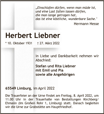 Traueranzeige von Herbert Liebner von FNP