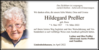 Traueranzeige von Hildegard Preßler von FNP