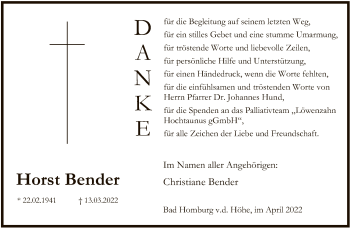 Traueranzeige von Horst Bender von FNP