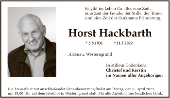 Traueranzeige von Horst Hackbarth von FNP