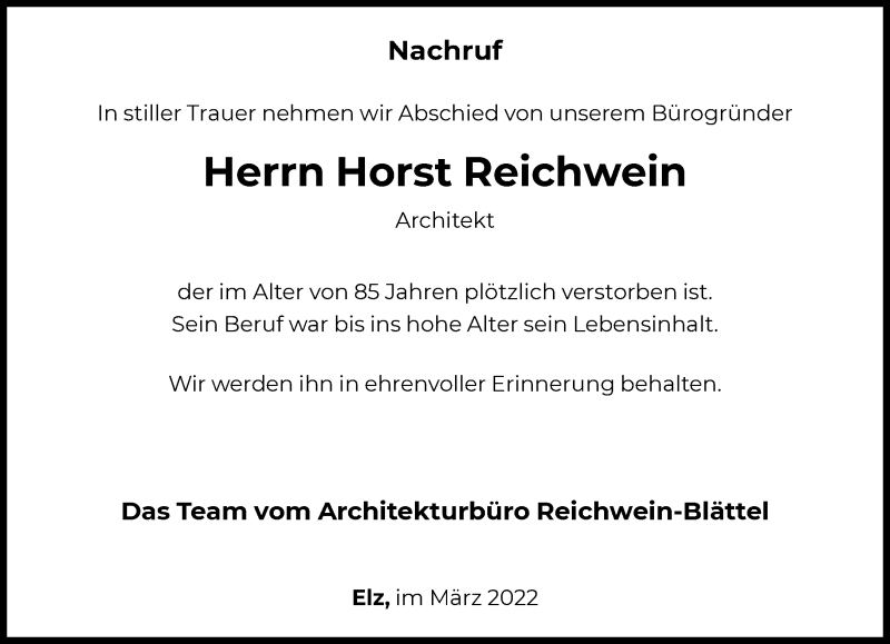  Traueranzeige für Horst Reichwein vom 02.04.2022 aus FNP