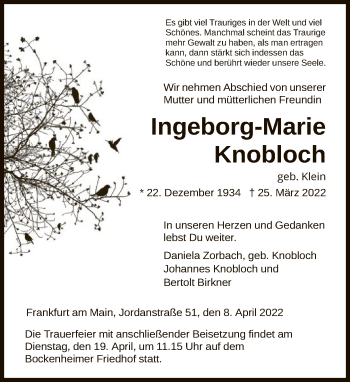 Traueranzeige von Ingeborg-Marie Knobloch von FNP