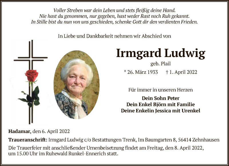 Traueranzeigen von Irmgard Ludwig | trauer-rheinmain.de