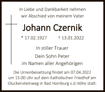 Traueranzeige von Johann Czernik von FNP