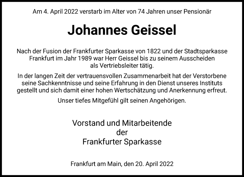  Traueranzeige für Johannes Geissel vom 21.04.2022 aus FNP