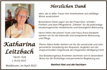 Traueranzeige von Katharina Leitzbach von FNP