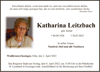 Traueranzeige von Katharina Leitzbach von FNP