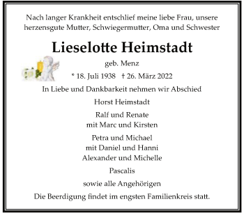 Traueranzeige von Lieselotte Heimstadt von FNP