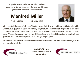 Traueranzeige von Manfred Miller von FNP