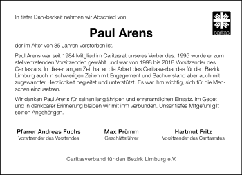 Traueranzeige von Paul Arens von FNP