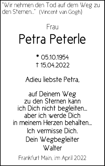 Traueranzeige von Petra Peterle von FNP