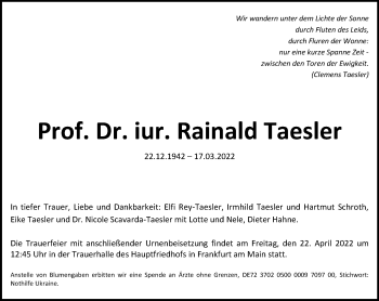 Traueranzeige von Rainald Taesler von FNP