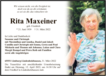 Traueranzeige von Rita Maxeiner von FNP